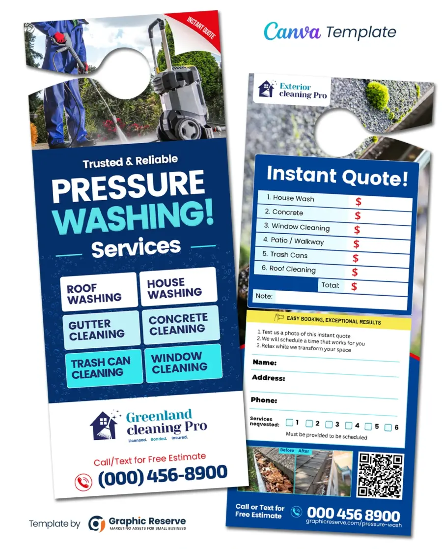 Soft Washing Door Hanger Design Canva Template - Instant Quote Form