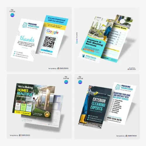Pressure Washing Business Marketing Bundle – Canva Templates for Door Hanger, Coupon Postcard, Review & Business Cards