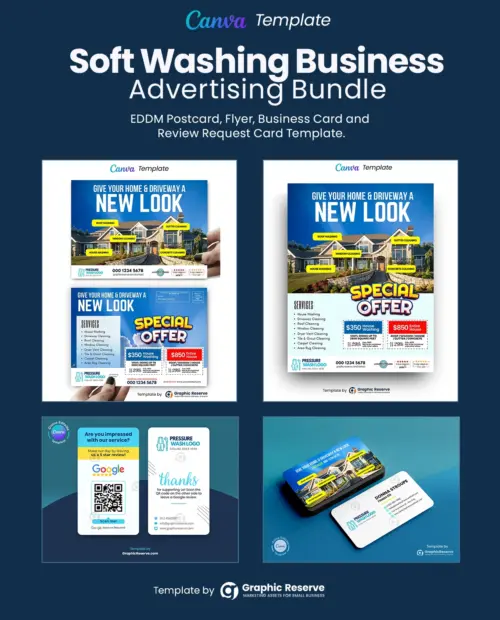 Soft washing advertising eddm postcard, coupon flyer, review request business card and instant quote request business card template