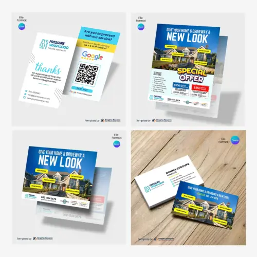 Soft Washing Business Advertising Bundle – EDDM Postcard, Coupon Flyer, Quote & Review Cards (Editable Canva Templates)