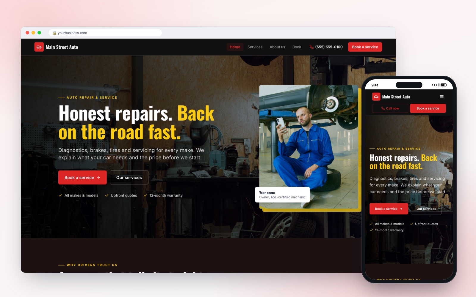 Auto Repair website design template on desktop and phone