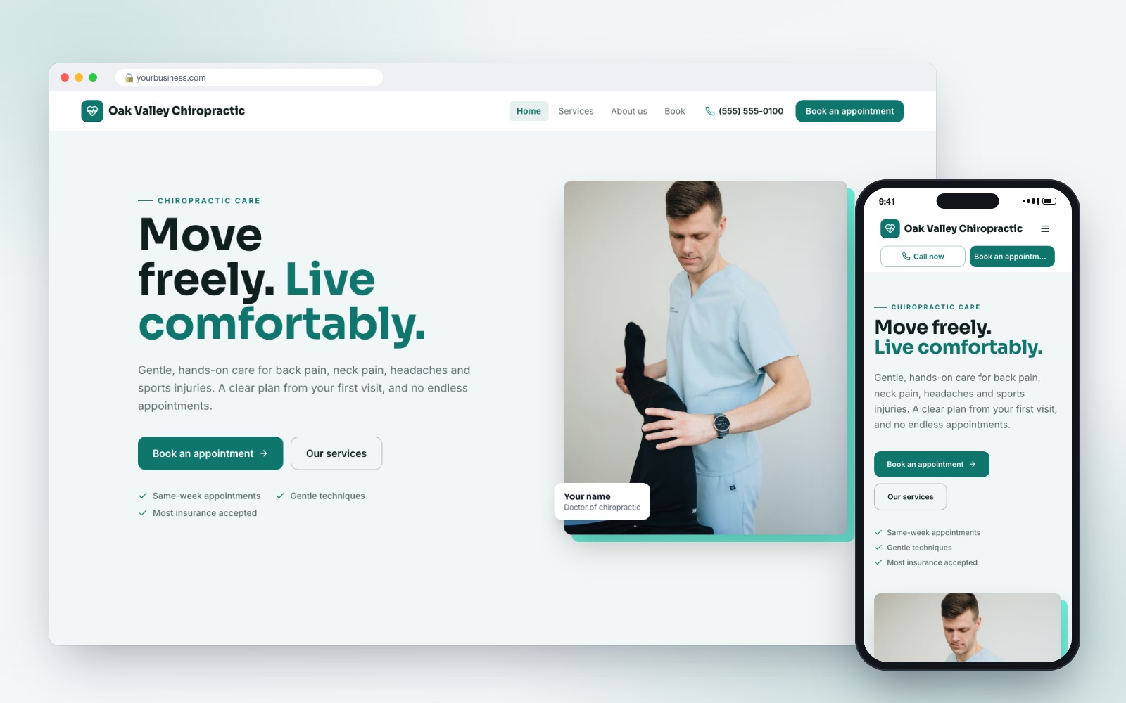 Chiropractic website design template on desktop and phone