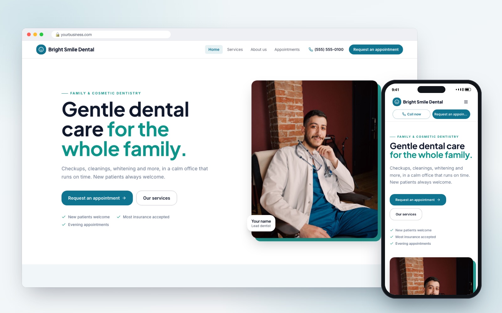 Dental website design template on desktop and phone
