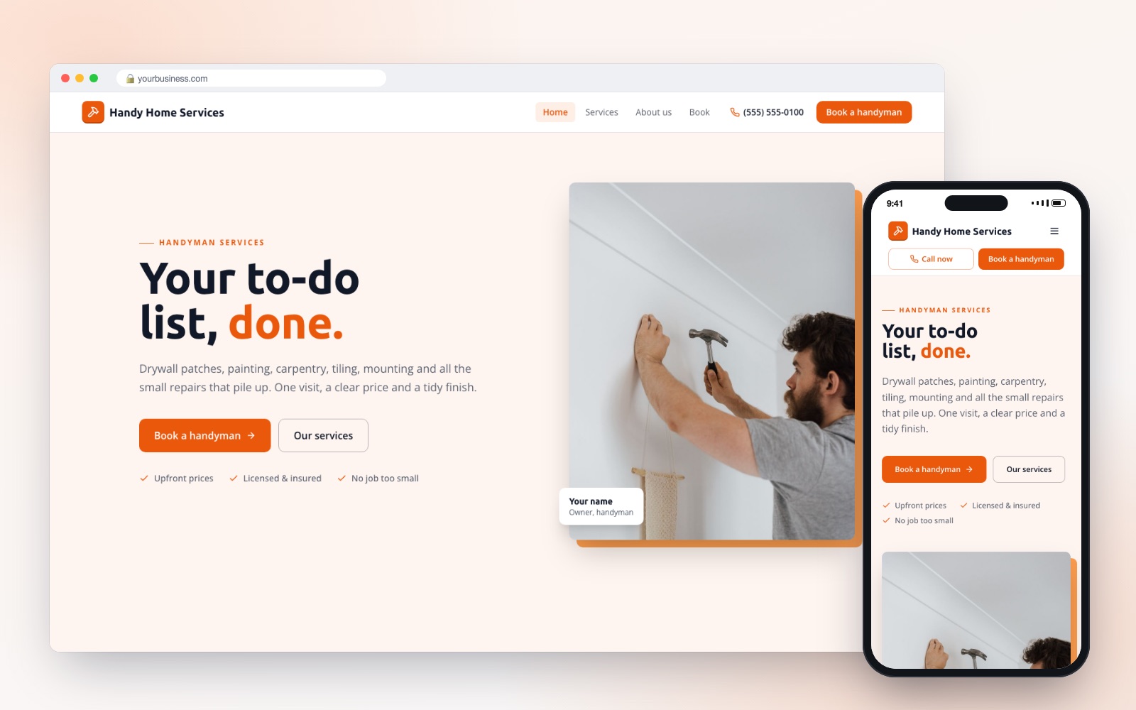Handyman website design template on desktop and phone
