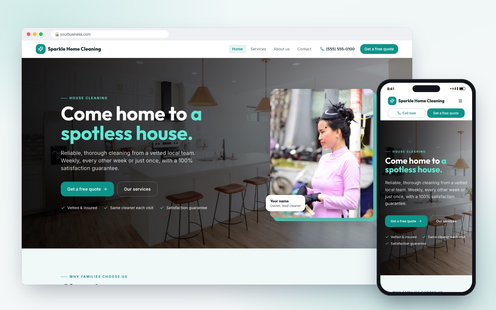 House Cleaning website design template on desktop and phone