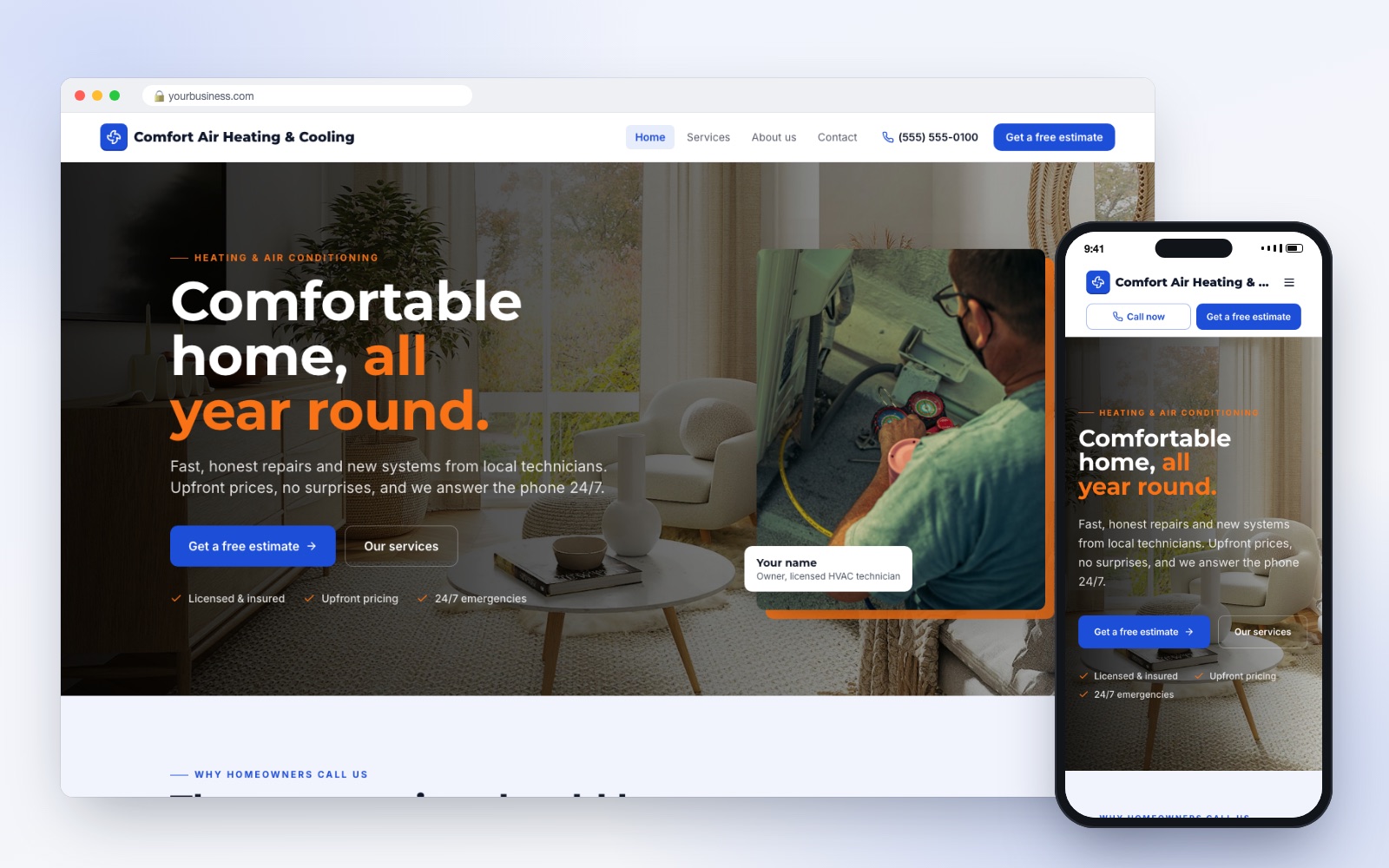 HVAC website design template on desktop and phone