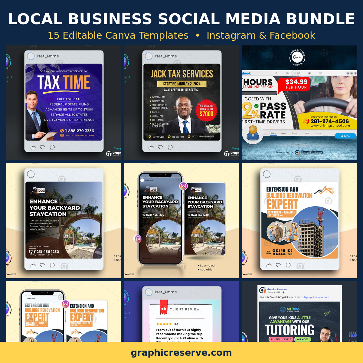 Local Business Social Media Post Templates Bundle | 15 Editable Canva Designs