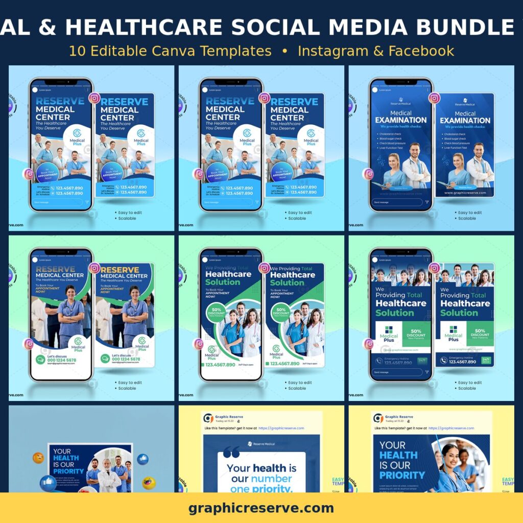 Medical & Healthcare social media post templates bundle