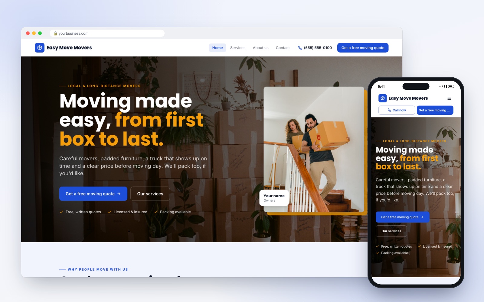 Moving Company website design template on desktop and phone