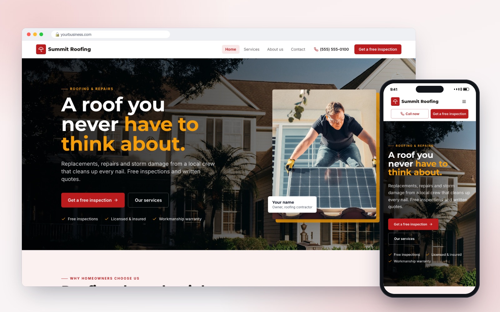 Roofing website design template on desktop and phone