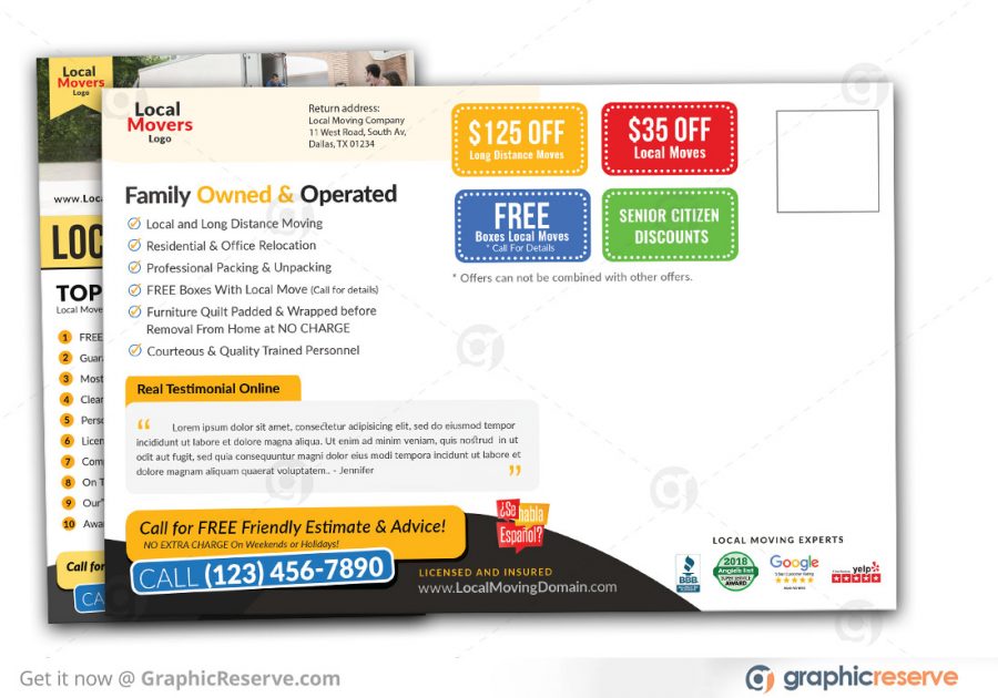 Local Moving Business Direct Mail Postcard Backside
