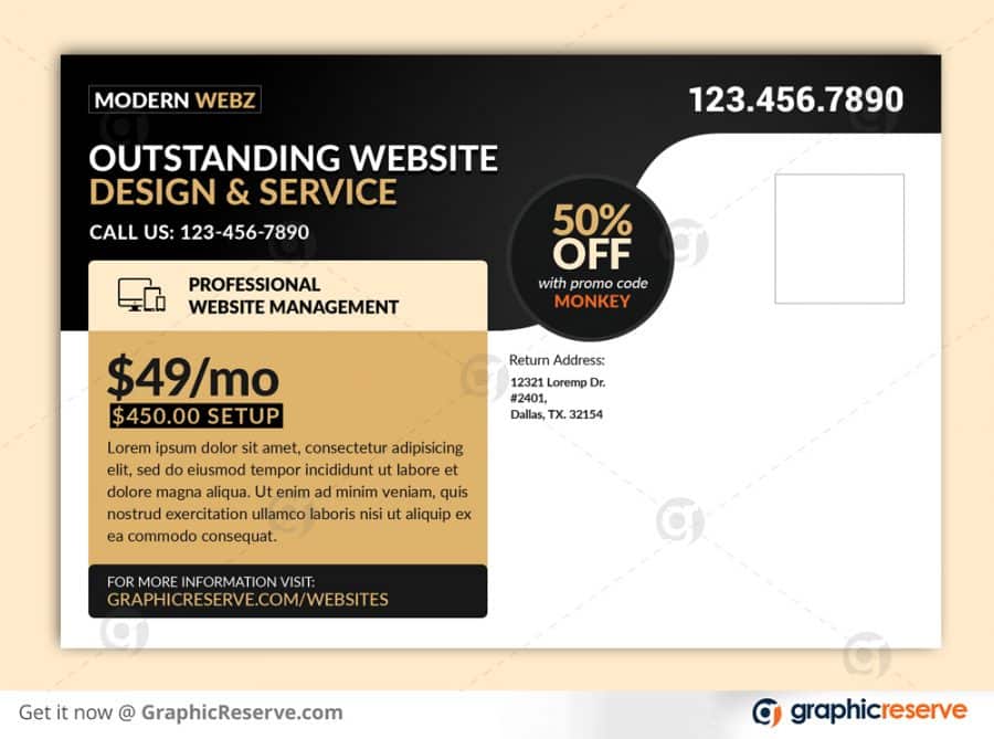Modern website development service promotional direct mail postcard