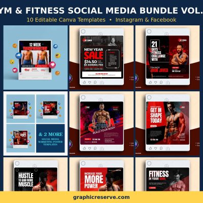 Gym & Fitness social media post templates bundle